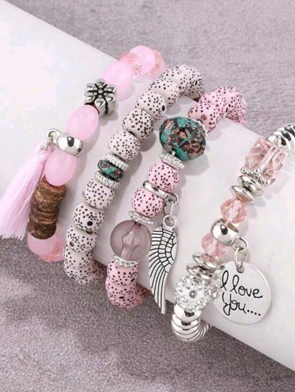 ♡♡♡ Fashion Jewelry Pink Taupe Beaded Bracelet Set Butterfly Charm - 4pcs - Picture 2 of 4